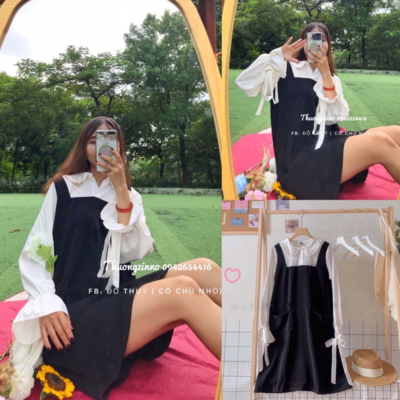 Đầm dáng suông phong cách Hàn Quốc Set váy liền set yếm