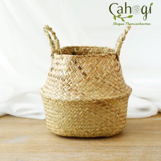 Giỏ Cói Trồng Cây Vintage (Có Quai Xách) - Hoa lụa cao cấp - Hoa giả trang trí nhà đẹp, sự kiện, đám cưới