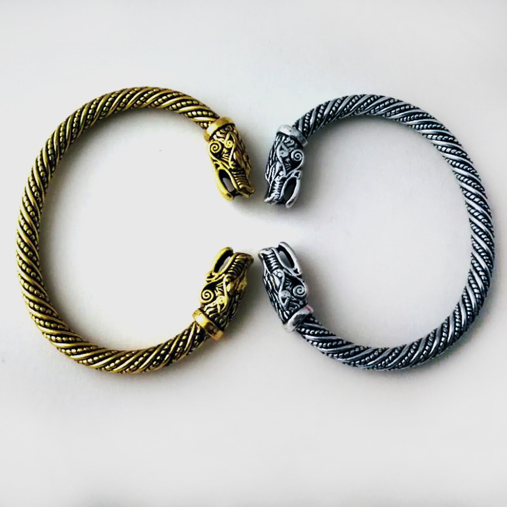 Vòng Tay Kim Loại Mặt Hình Đầu Sói Phong Cách Viking