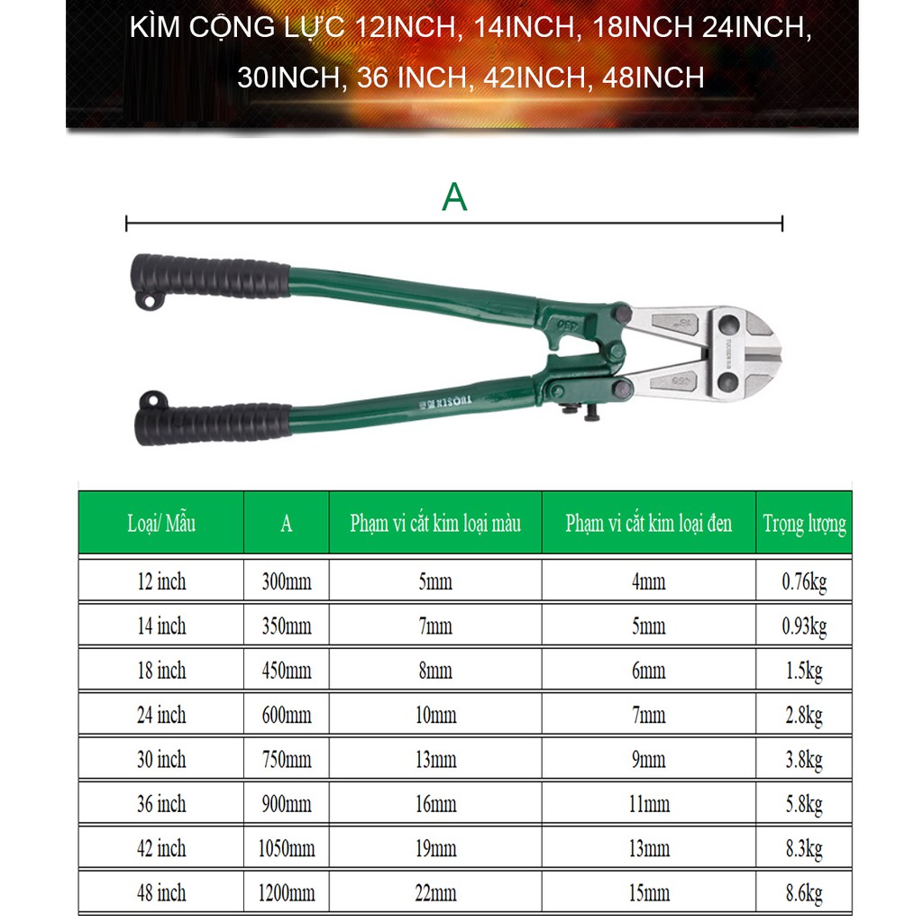 Kìm cộng lực 18inch, kềm cộng lực cắt kim loại màu và kim loại đen TUOSEN với kích cỡ 18inch