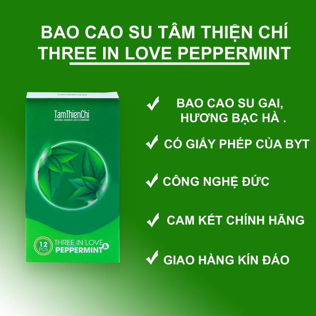 Bao cao su Tâm Thiện Chí Three In Love Peppermint Hộp 12 Cái + Tặng Hộp 3 Cái [CHÍNH HÃNG]