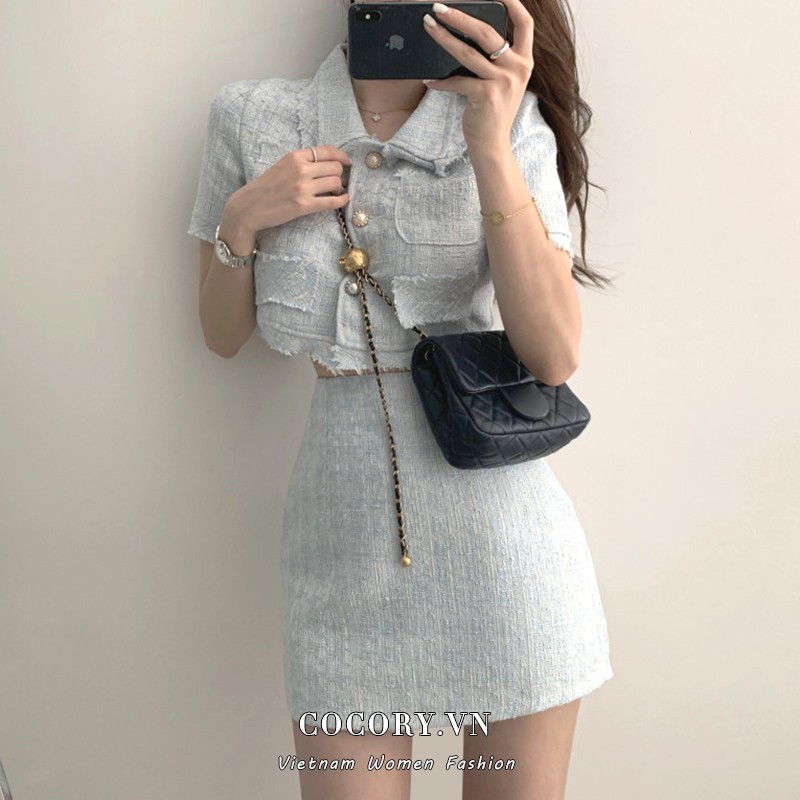 Cocory vn Bộ Áo Khoác Ngắn + Chân Váy Lưng Cao Xinh Xắn Dành Cho Nữ