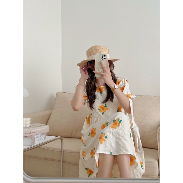 Đầm - váy babydoll tay bồng hoa cam xốp