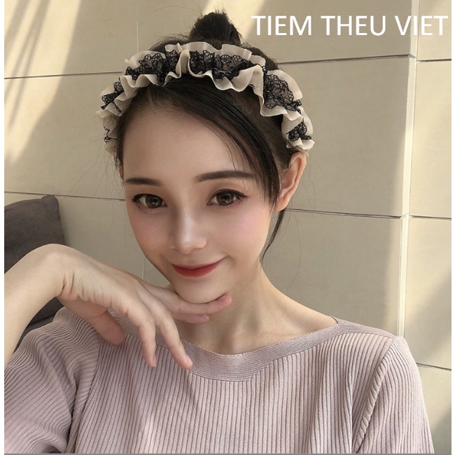 Băng Đô Cài Tóc Ren Voan Dún 2 Lớp Tiệm Thêu Việt Phong Cách Lolita