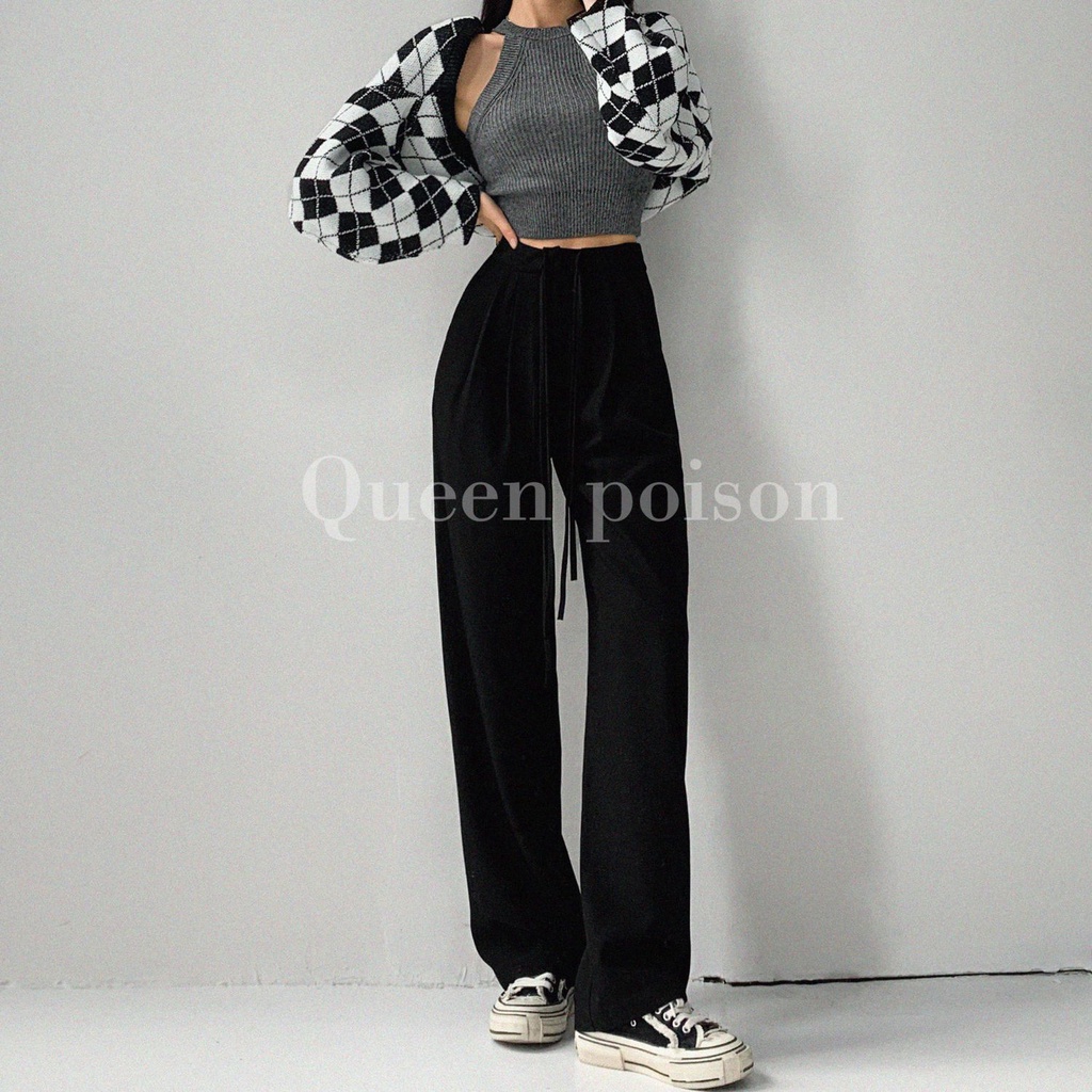 Quần Dài Lưng Cao Ống Rộng Kiểu Dây Rút Thời Trang Cá Tính Cho Nữ