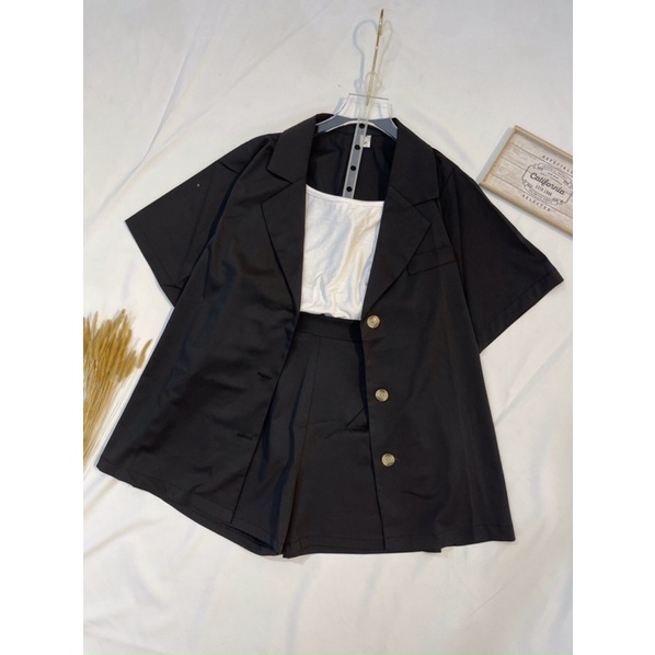 Set blazer vest cộc tay vải trơn thiết kế thanh lịch, trẻ trung