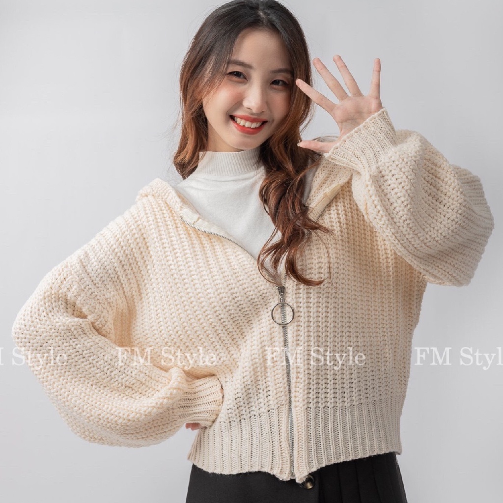 Áo khoác len nữ FM Style có mũ dây kéo thời trang thu đông chất len đan xịn phong cách hàn quốc 210925050