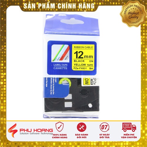 Nhãn in TZ2-631, Khổ rộng 12mm, chữ đen nền vàng (Black on Yellow), nhãn in đa lớp, bám dính cao, chống trầy xước