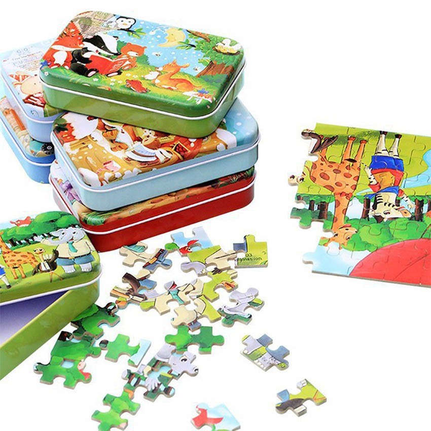 Tranh ghép hình Puzzle 60 mảnh gỗ cho bé phát triển trí tuệ- Hộp Sắt
