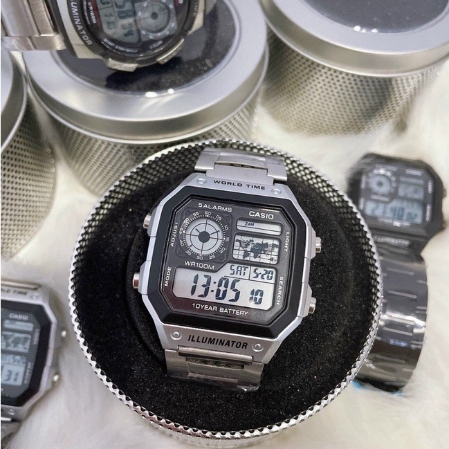 Đồng hồ nam Casio AE 1200-WHD classic chống nước , dây thép không gỉ (dây bạc mặt đen)