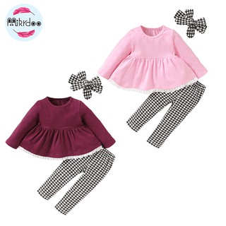 Bộ Áo Thun Dài Tay+Quần Dài Sọc Caro+Băng Đô MIkrdoo Cho Bé Sơ Sinh