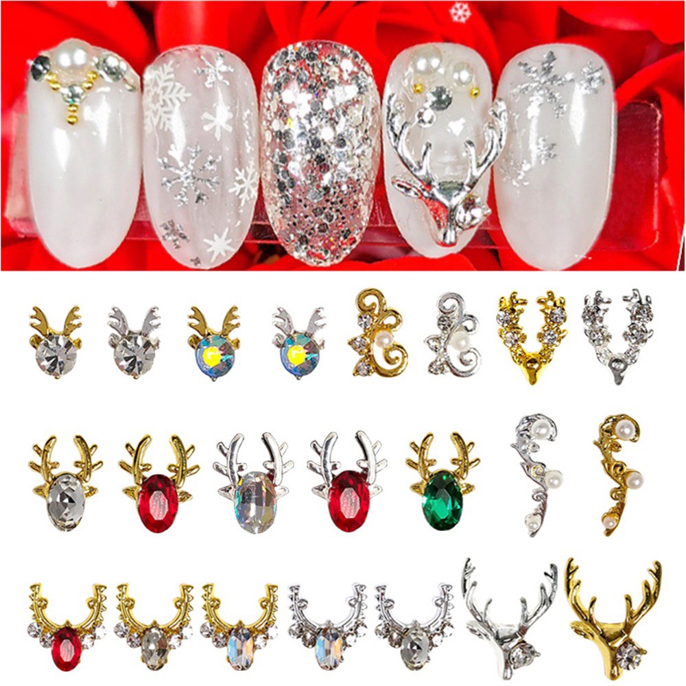 Set 10 Phụ Kiện Trang Trí Móng Tay Hình Sừng Hươu 3D Bằng Kim Loại Sang Trọng