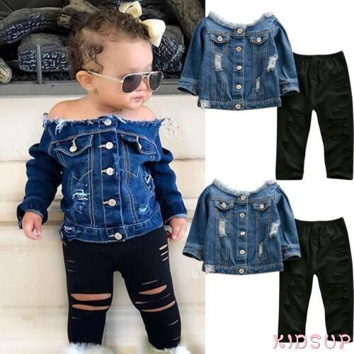 Bộ Áo Denim Trễ Vai + Quần Dài Dễ Thương Cho Bé Gái Sơ Sinh