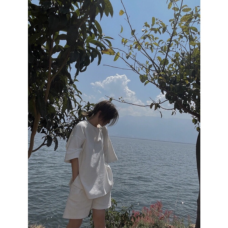 Set Thun Tay Lỡ Tổ Ong Unisex 💙 HD Clothings 💙 Bộ áo phông form rộng cộc tay kèm quần short ống rộng cạp chun basic