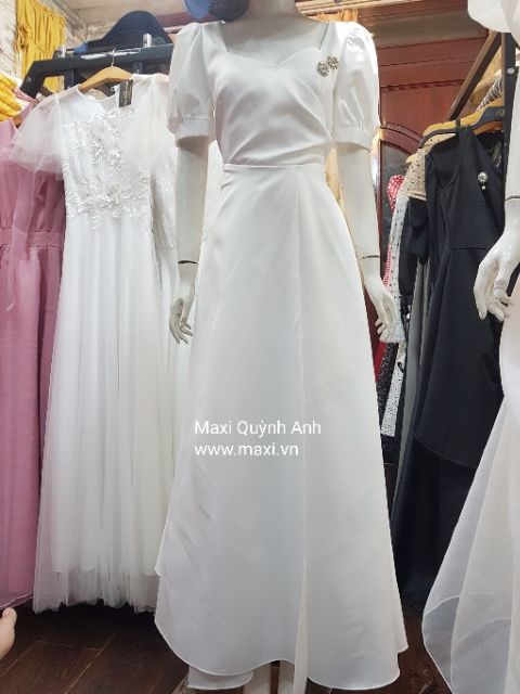 Đầm maxi trắng, dạ hội tay phồng xẻ tà sang trọng - Hình thật Sp 100% | BigBuy360 - bigbuy360.vn