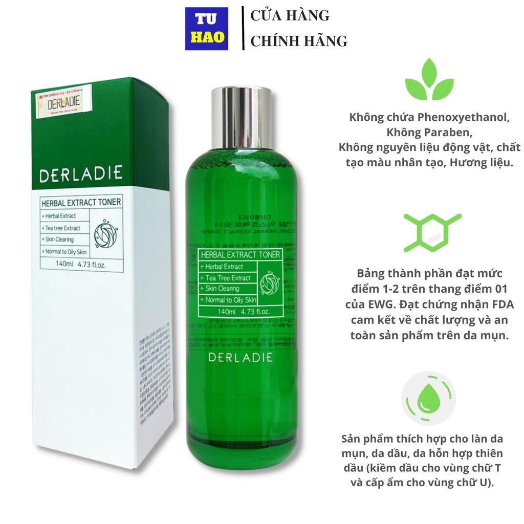 Nước hoa hồng giảm viêm, giảm mụn tràm trà DERLADIE HERBAL EXTRACT 140ml - Từ Hảo