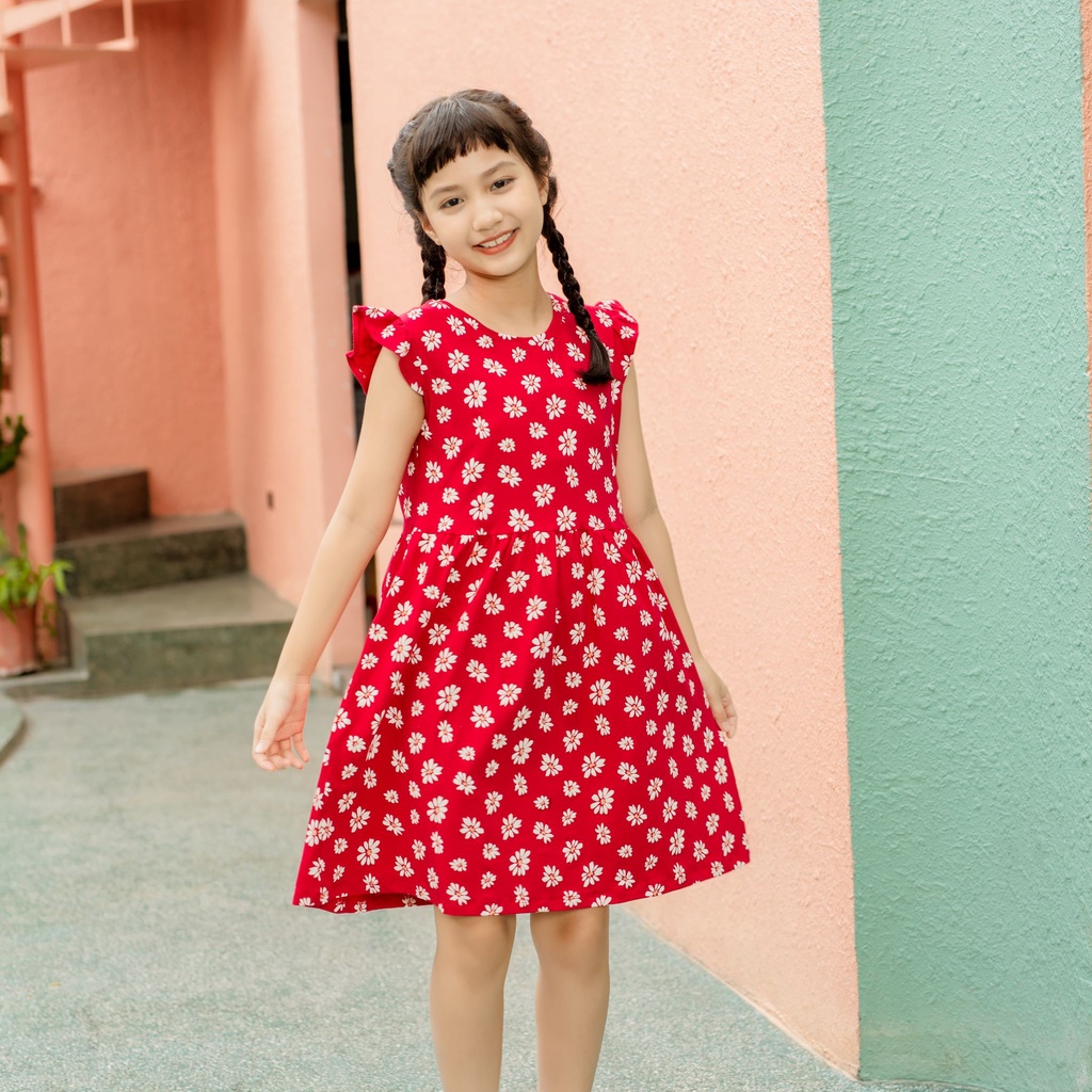 Váy bé gái tay cánh tiên màu đỏ in HOA CÚC, 100% COTTON 4C, 18-40KG, A1