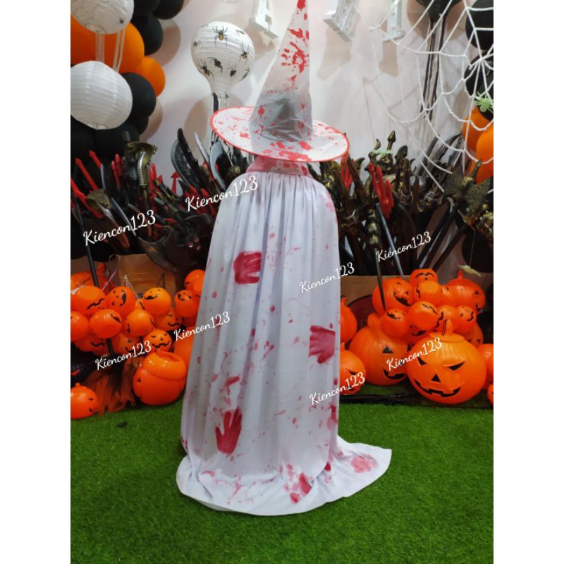 Set áo choàng phù thủy kèm nón màu trắng máu. Hoá trang Halloween