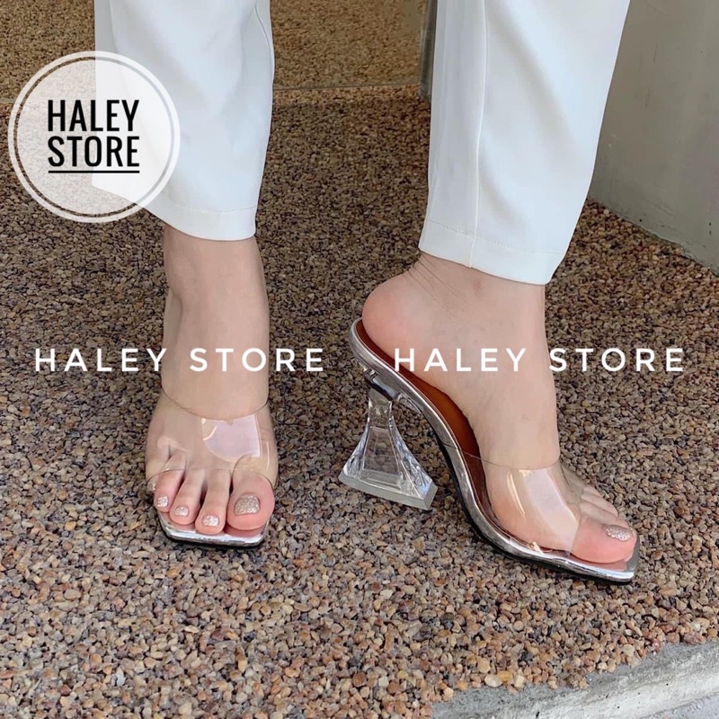 Giày guốc nữ HALEY STORE gót loe quai trong suốt mũi vuông mẫu mới 2022 đi tiệc du lịch tiểu thư sang trọng cá tính