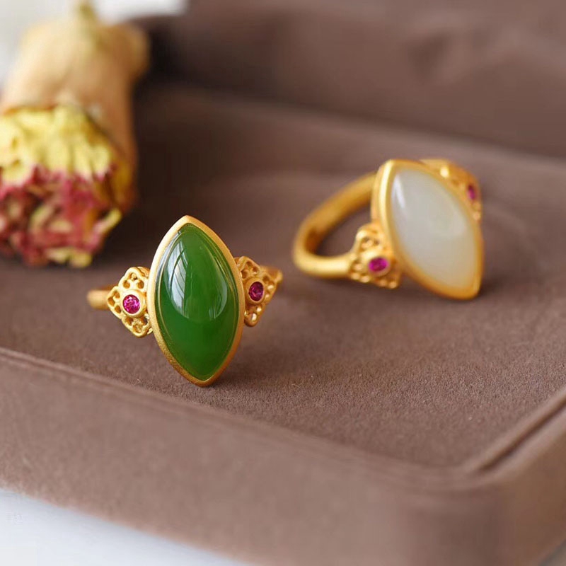 Nhẫn mạ bạc S925 đính đá ngọc bích Hetian/ ngọc trắng Jasper nhân tạo có thể điều chỉnh