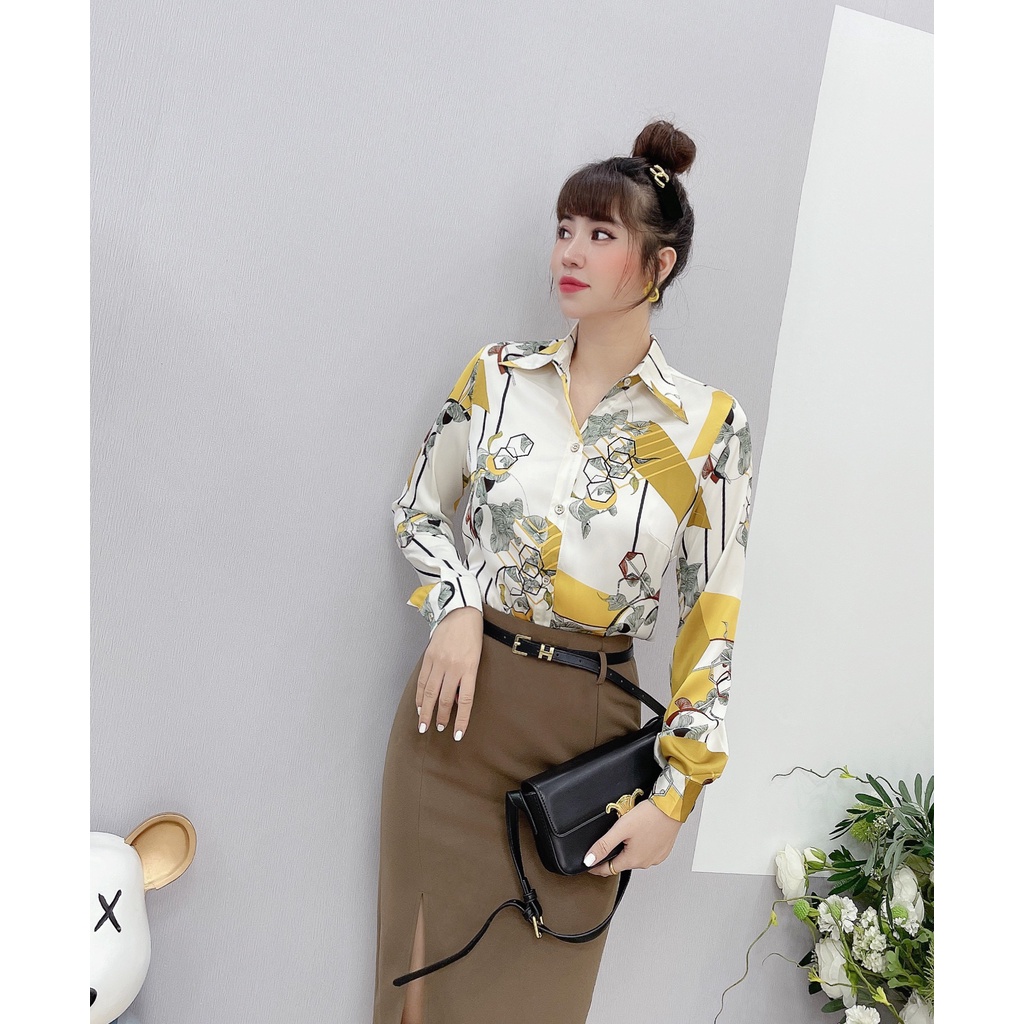 Áo sơ mi nữ lụa dài tay cao cấp công sở họa tiết hoa đá vệt vàng nền trắng sữa, áo sơ mi họa tiết thiết kế MQ Boutique