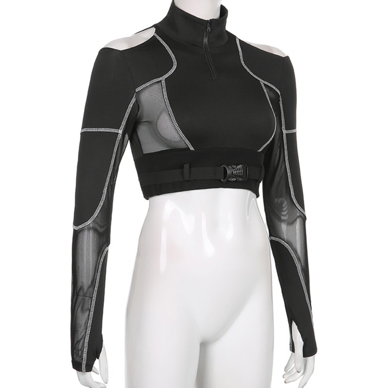 Áo thun tay dài cổ lọ phối khóa kéo nửa vai phong cách gothic Harajuku quyến rũ cho nữ