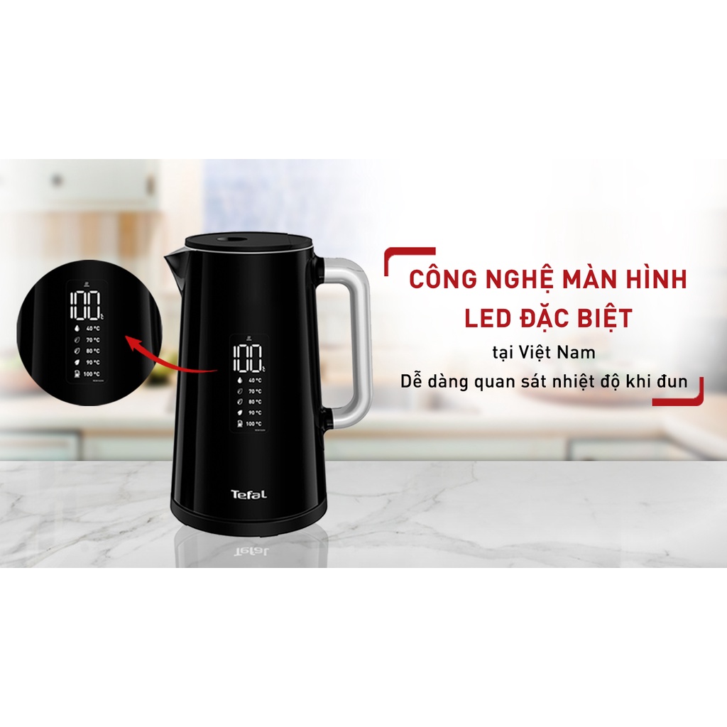 Bình đun siêu tốc Tefal 1.7L Smart & Light KO850810 - 1800W - Màn hình điện tử - Toàn thân thép chống gỉ - Chính Hãng