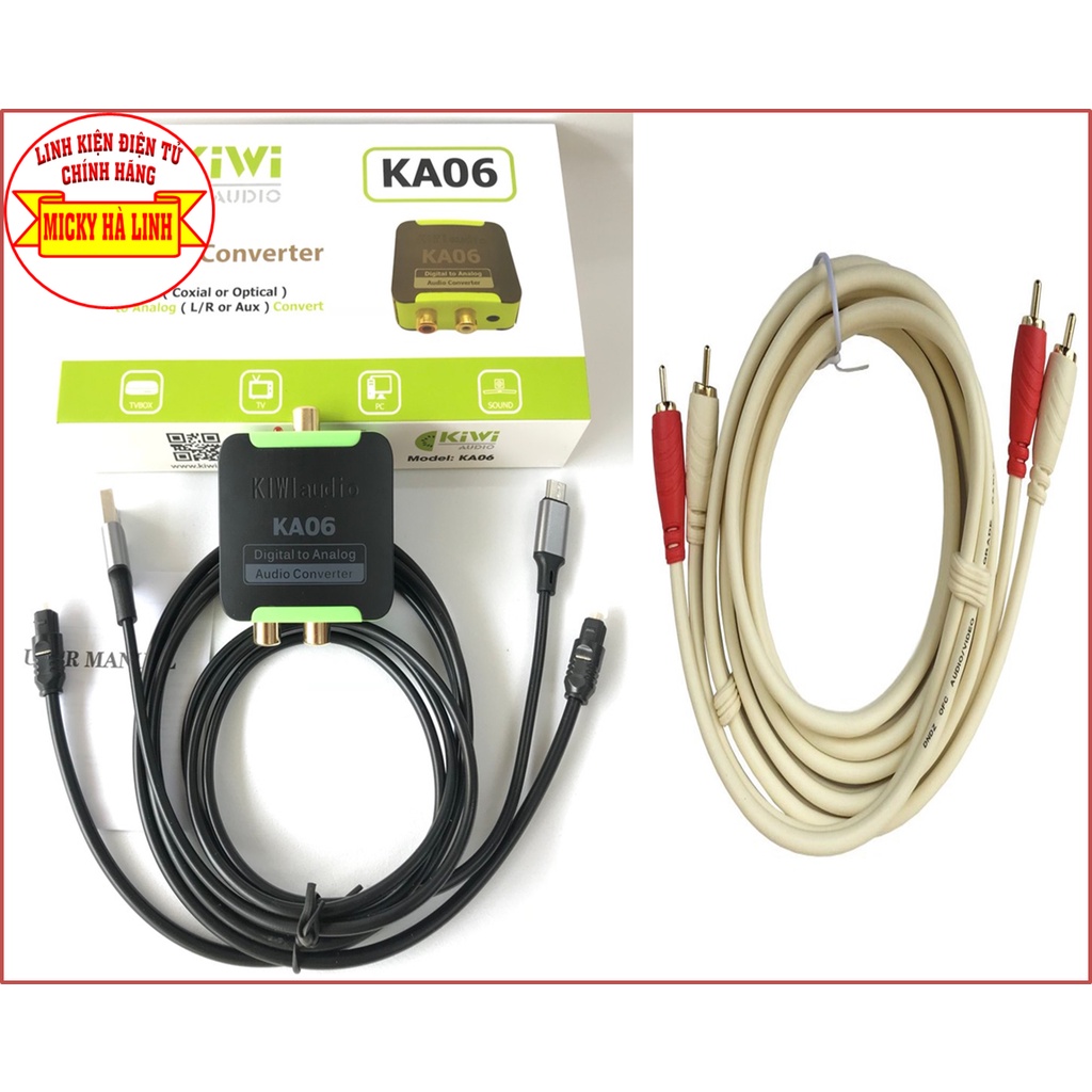 OPTICAL KIWI-KA06 &amp; DÂY CÁP LOA AV 4 ĐẦU, Bộ chuyển đổi âm thanh và dây cáp loa bông sen 4 đầu CHÍNH HÃNG