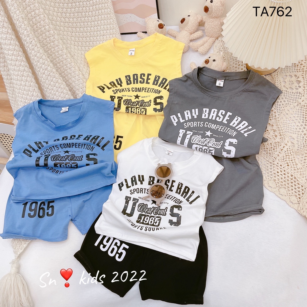 Bộ sát nách, bộ ba lỗ bé trai 1965 PLAY BASE BALL năng động, chất thun cotton mềm mát size từ 22 đến 35 kg