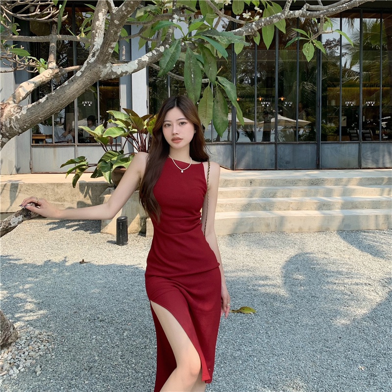 Đầm hai dây hở vai màu trơn gợi cảm thời trang mùa hè 2022 cho nữ