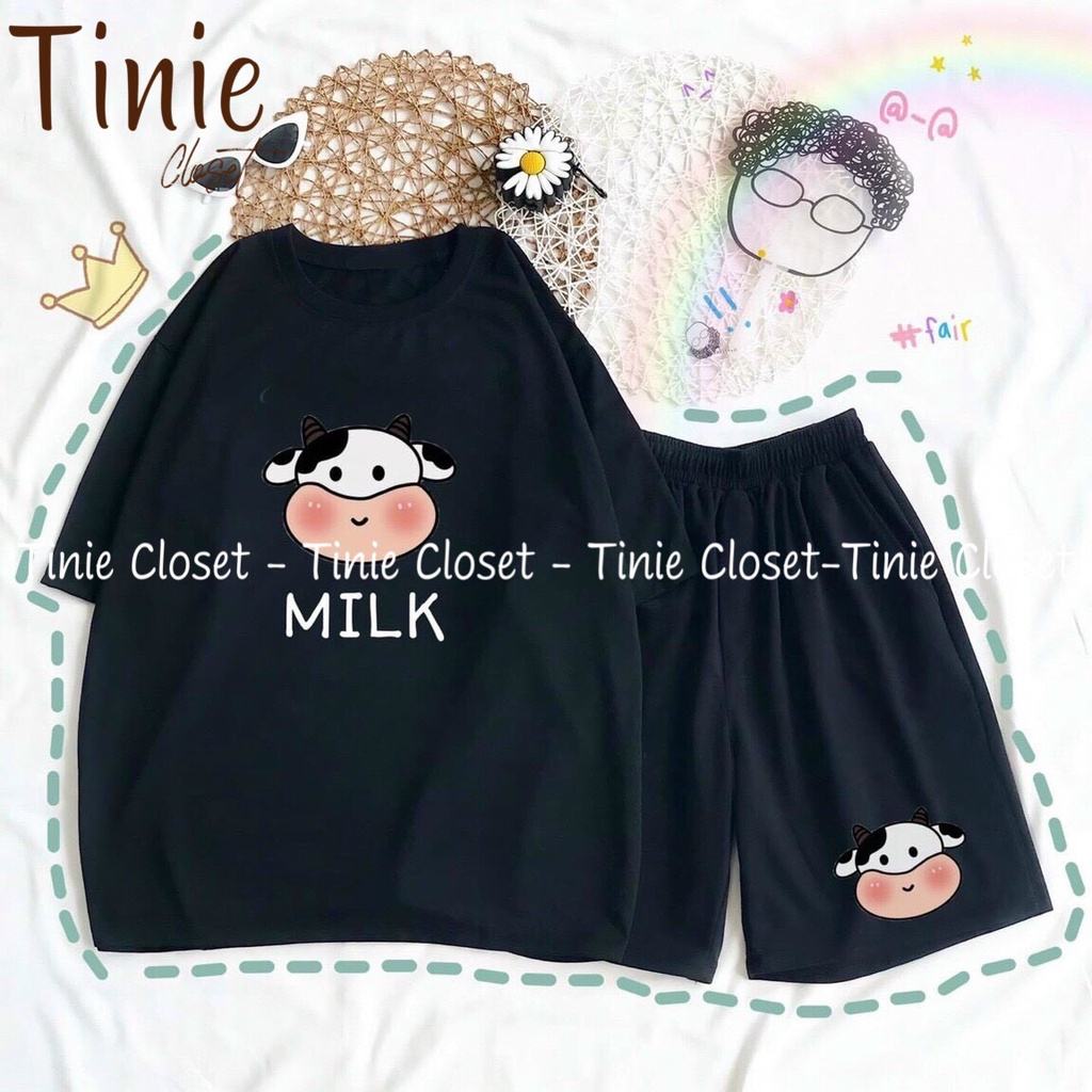 Set đồ bộ hoạt hình nam nữ form rộng Unisex BÒ SỮA Q.ĐEN Tinie Closet, bộ mặc nhà Áo thun quần đùi Freesize