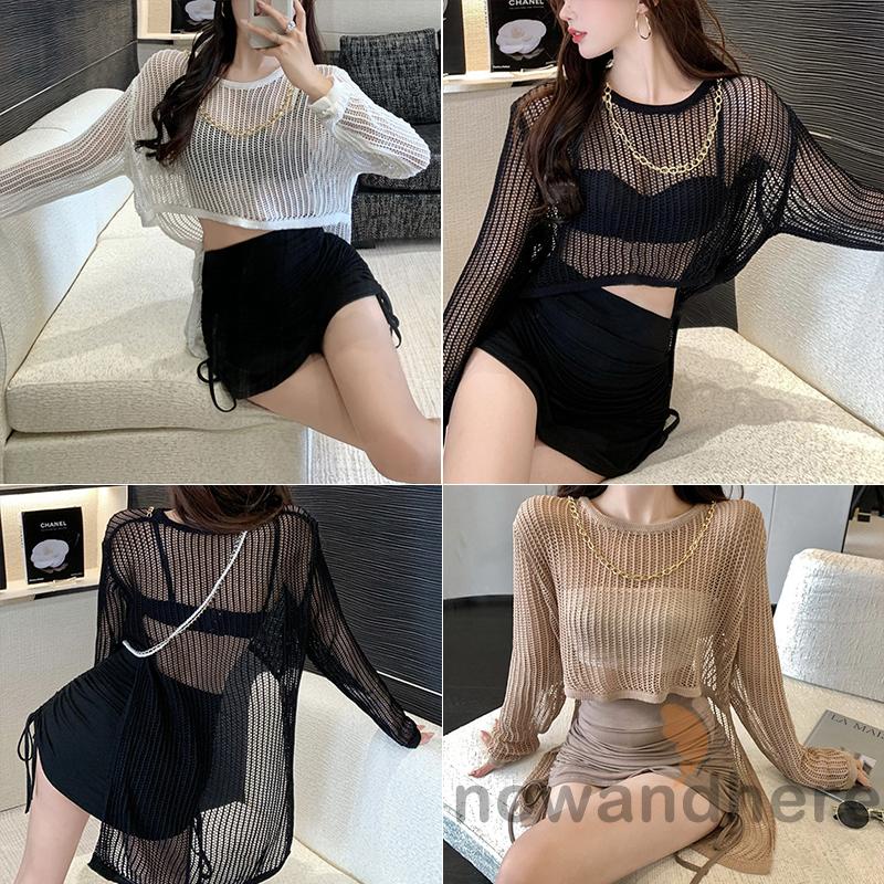 Áo Thun Dáng Rộng Tay Dài Viền Khoét Lỗ Màu Sắc Đơn Giản Thời Trang Cho Nữ
