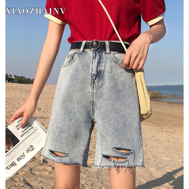 Xiaozhainv Quần short Denim lưng cao phong cách retro