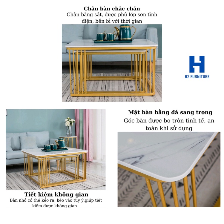 Bàn trà đôi sofa H2 Furniture mặt đá vân mây 3D khung kim loại sơn tĩnh điện bền đẹp cho phòng khách, ban công