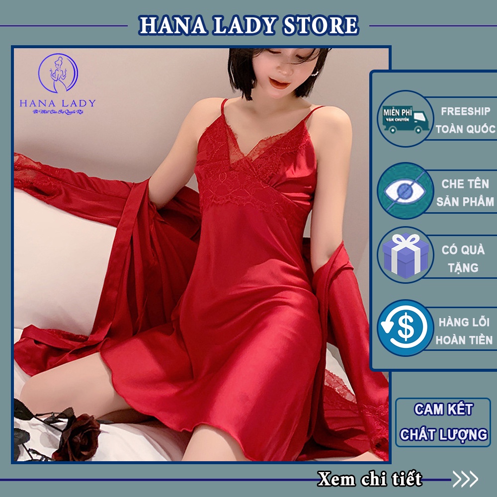 Váy ngủ lụa 2 dây - Đồ ngủ nữ, đầm ngủ kèm áo choàng cao cấp VN442