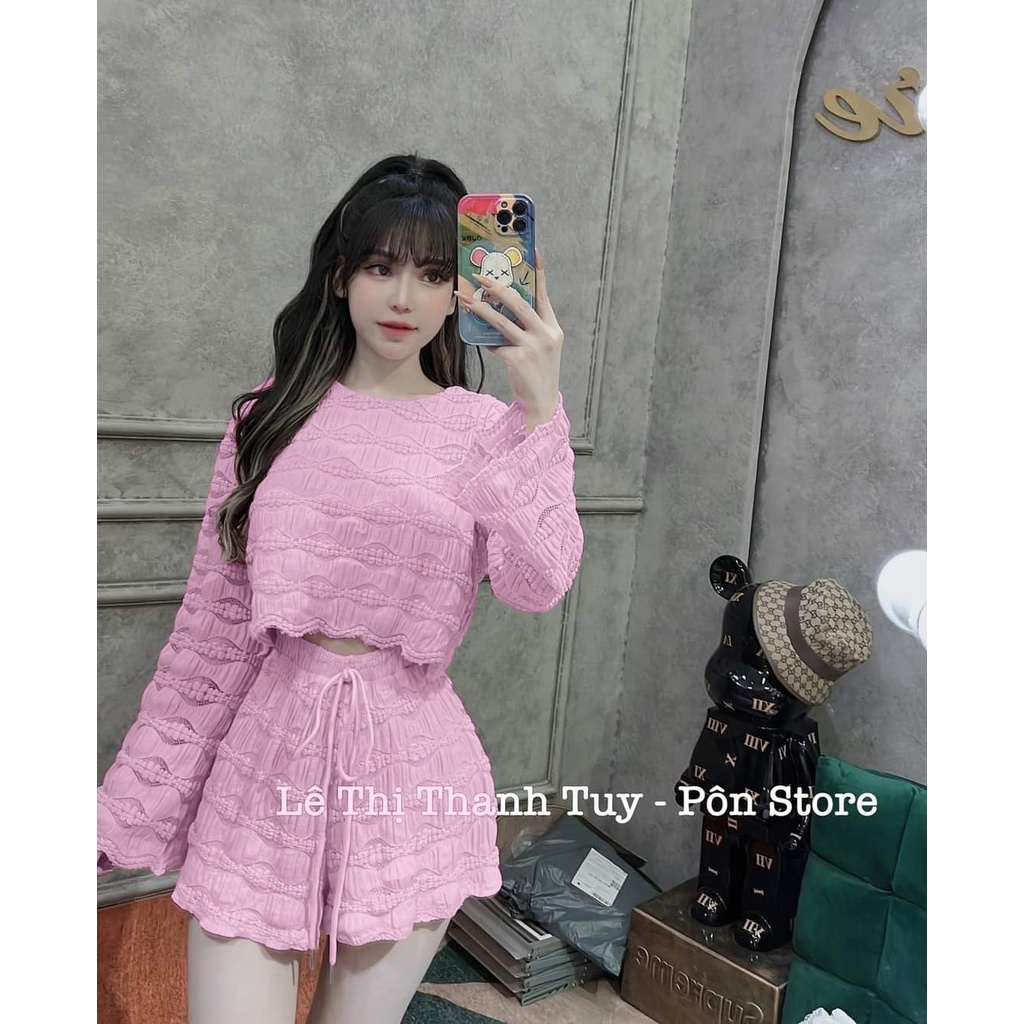 Set đùi len ren nhiều màu kèm ảnh thật chất vải - set áo len tay dài croptop - đồ bộ đùi mặc ở nhà- set đùi Hàn Quốc