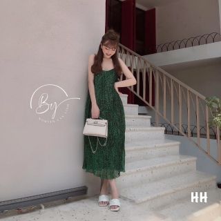 đầm hai dây xanh rêu dập li - hàng loại 1