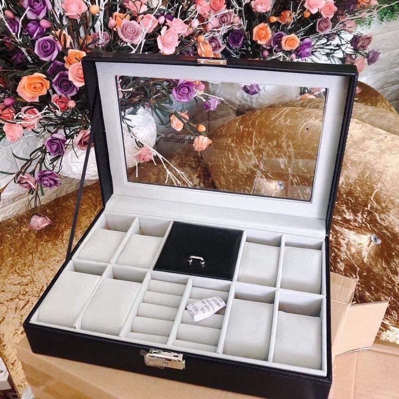 Hộp đựng đồng hồ 8 chiếc làm bằng da màu đen kết hợp với ngăn đựng trang sức cao cấp
