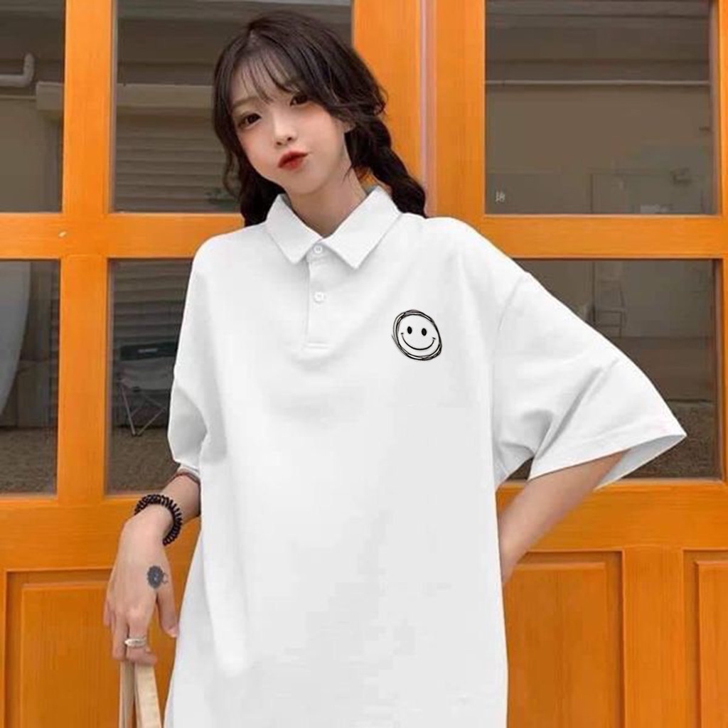 Áo tay ngắn cổ bẻ phong cách hàn quốc in logo mặt cười trước ngực nam nữ mặc đều đẹp