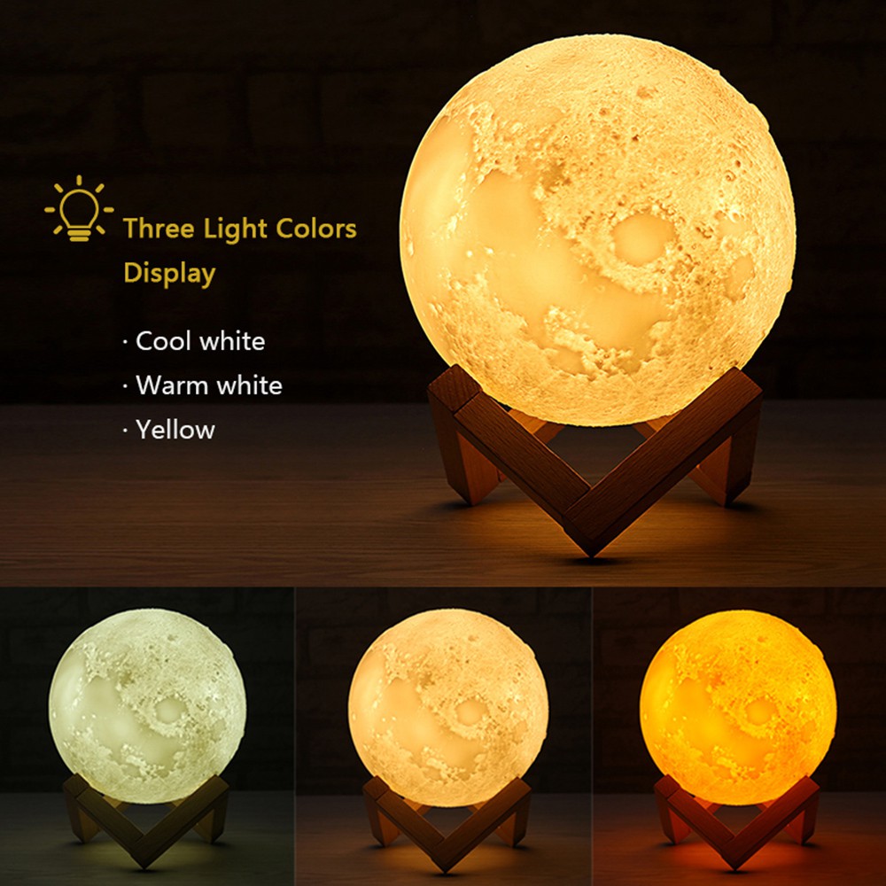 2020SKY 3 Colors 3D Printing Moon Light Lunar Night Lamp Warm & Cool White Dimmable Touch Control Home Decorative Light