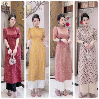 Set áo dài nhung hoa kèm quần ống rộng