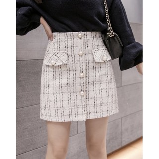 [SẴN-ẢNH THẬT] Chân váy dạ tweed nút ngọc tròn