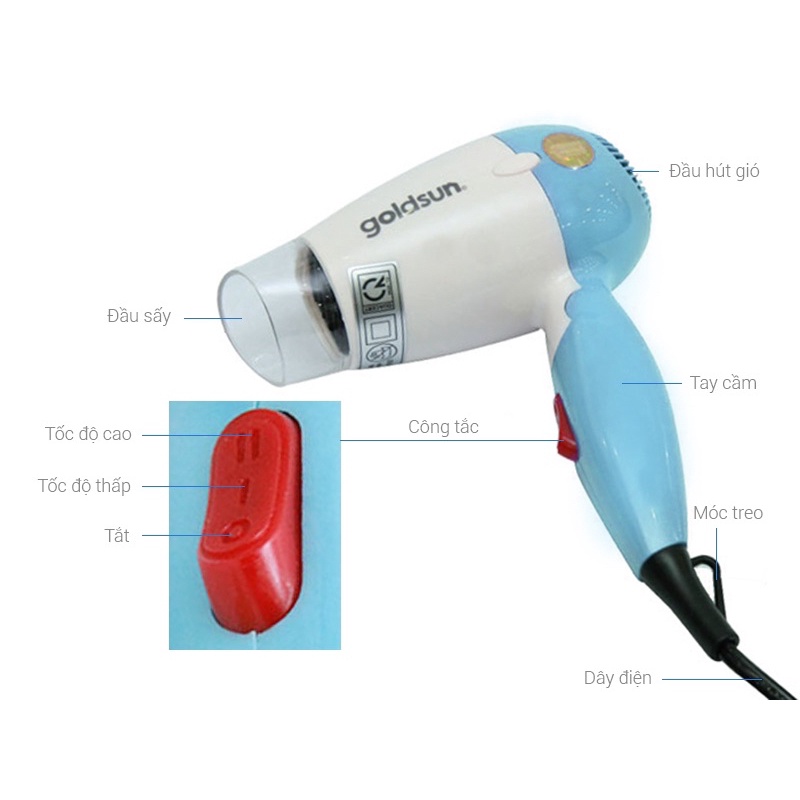 Máy sấy tóc Goldsun HD-GXD850 650w chính hãng gấp gọn
