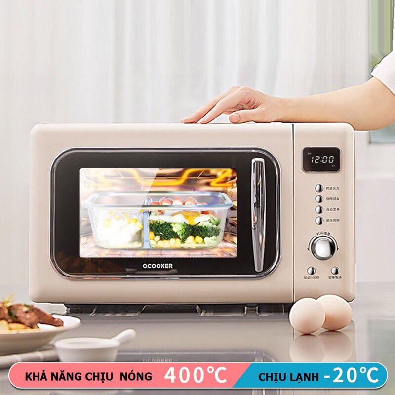 Hộp cơm văn phòng Thủy tinh 960ml chia 3 ngăn Kèm bộ muỗng, Túi giữ nhiệt thời trang - Hộp đựng thức ăn(Nắp thìa)