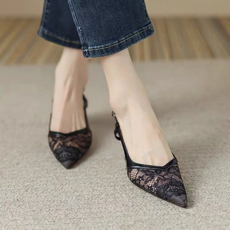 Giày cao gót 3 cm mũi nhọn gót nhọn hở dây quai cài bề mặt vải lưới đế chống trơn trượt &C-20