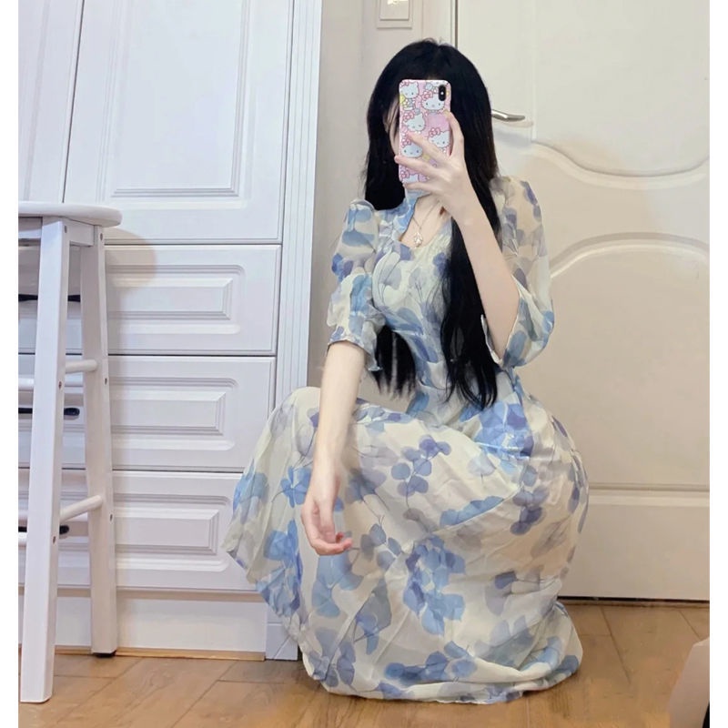 Đầm midi sườn xám vải voan tay ngắn in hoa nhẹ nhàng quyến rũ thời trang mùa hè cho nữ