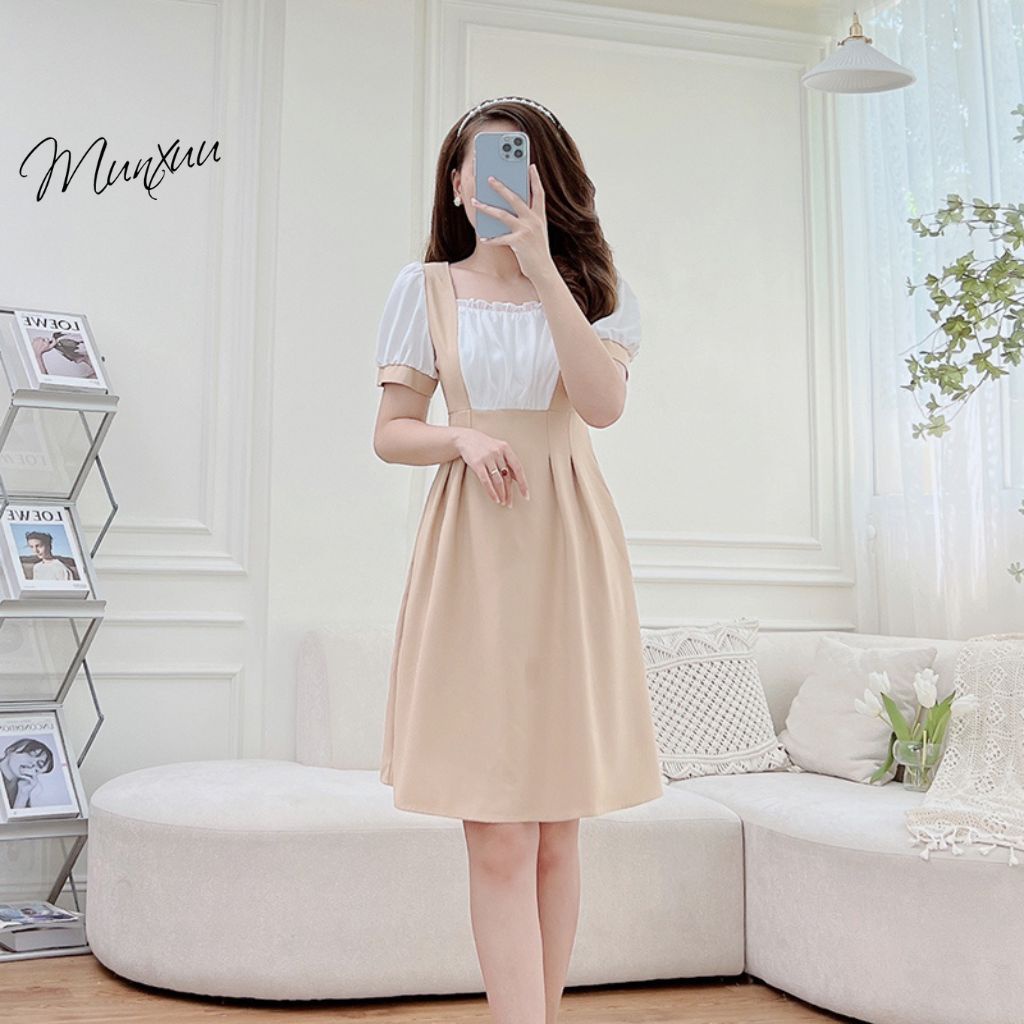 Váy nữ thiết kế MUNXUU phối bèo cổ vuông vải tơ mềm mát kiểu dáng thanh lịch - V10