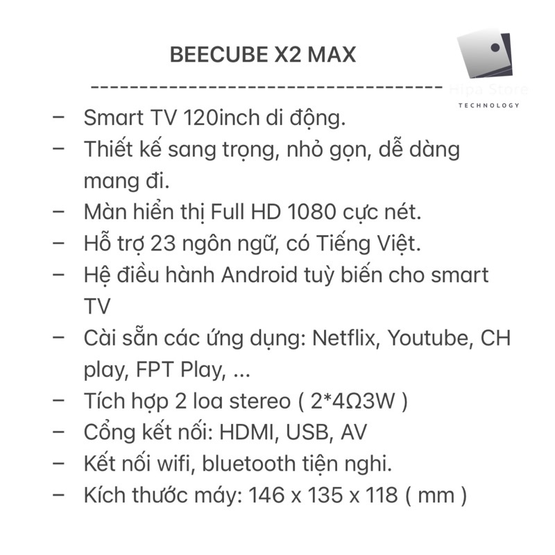 Máy Chiếu BeeCube X2 Max, Máy Chiếu Mini Full HD 1080 Hệ Điều Hành Android - Bảo Hành 12 Tháng | Hipa Store