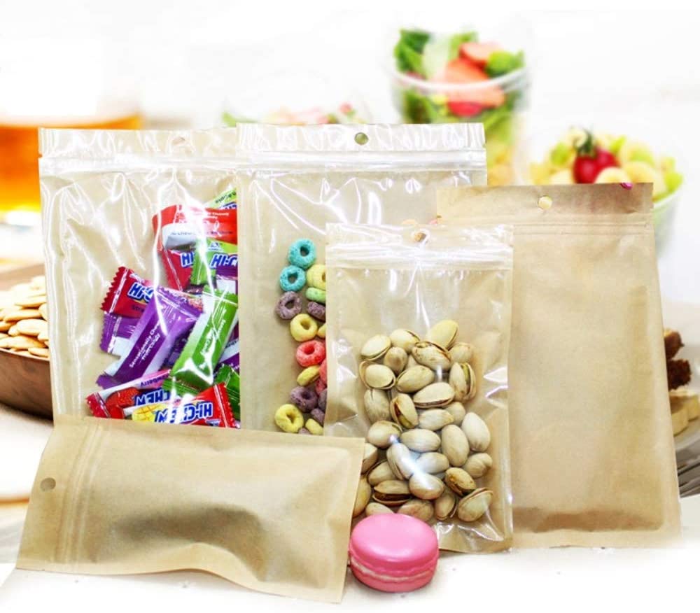 100 Pcs Có Thể Tái Sử Dụng Ziplock Nhựa Kraft Đóng Gói Túi Đựng Thực Phẩm Phụ Kiện Đồ Ăn Nhẹ Gói Túi Nhiệt Seal Tear Notches Bán Buôn Túi Cấp Thực Phẩm Reuable Ziplock Kraft Packing Pouch Storage Food Accessory Snack Package Bags Heat Seal Tear Notches