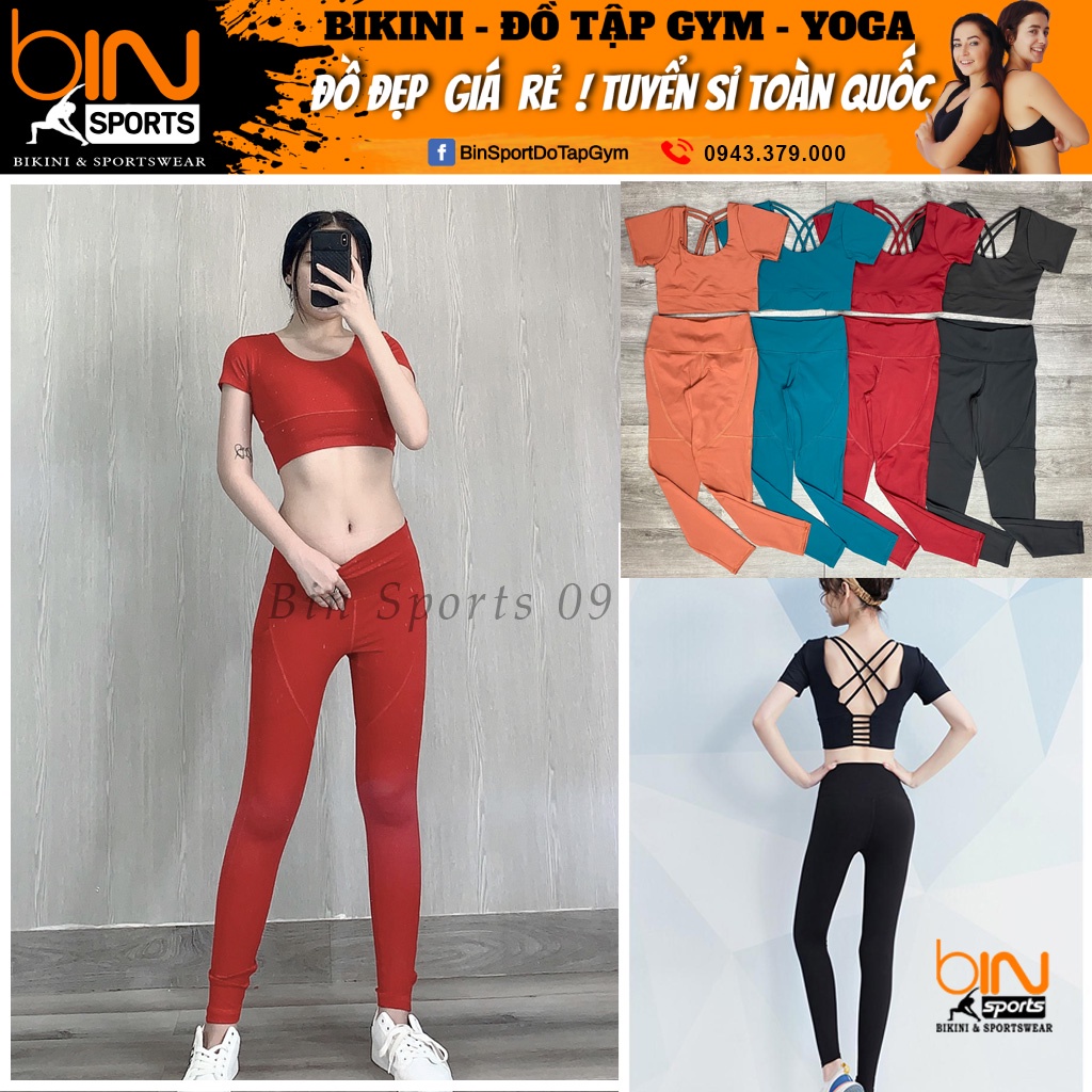 Bộ đồ tập thể thao gym yoga nữ áo crop kèm mút quần dài cao cấp Bin Sport BD096